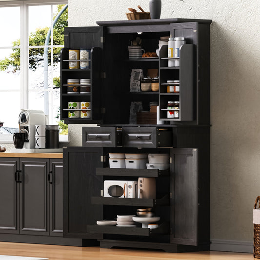 K&K 71' Tall Kitchen Pantry Cabinet with 3 Pull Out Cabinet Organizers, Farmhouse Embossed Texture Storage Cabinet with 6 Door Shelves, 2 Drawers, Freestanding Cupboard for Kitchen, Dining Room Black