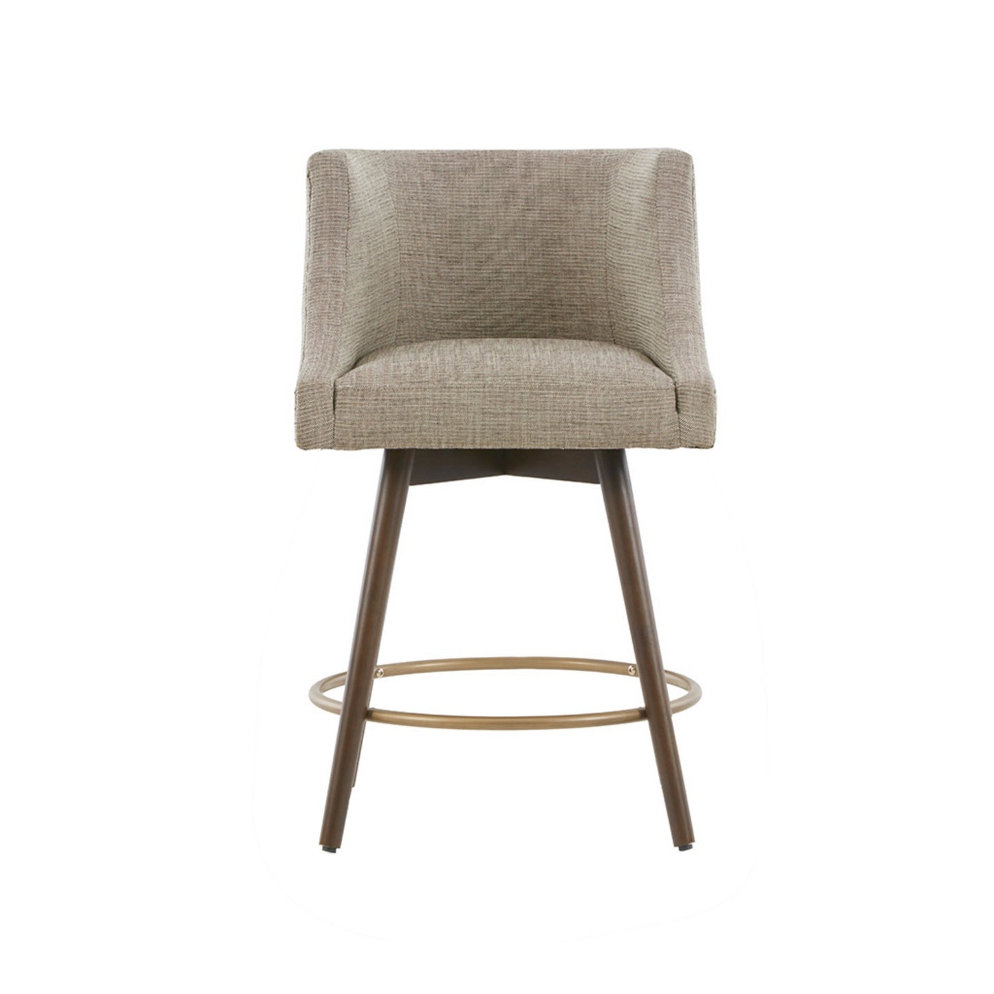 Swivel Counter Stool with Antique Bronze Detailing in Beige Tweed and Walnut Wood, 22x22x36.5 Inches
