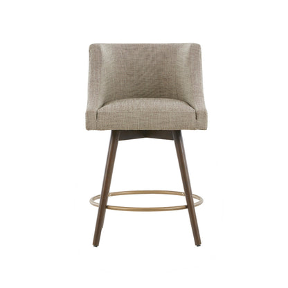 Swivel Counter Stool with Antique Bronze Detailing in Beige Tweed and Walnut Wood, 22x22x36.5 Inches