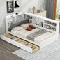 Wood Twin Size platform bed with Storage Headboard, Shelves and 2 Drawers, White