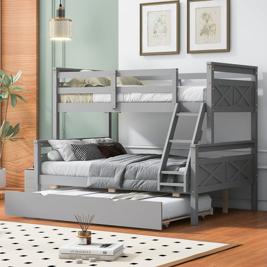 Twin over Full Bunk Bed with Ladder, Twin Size Trundle, Safety Guardrail, Gray