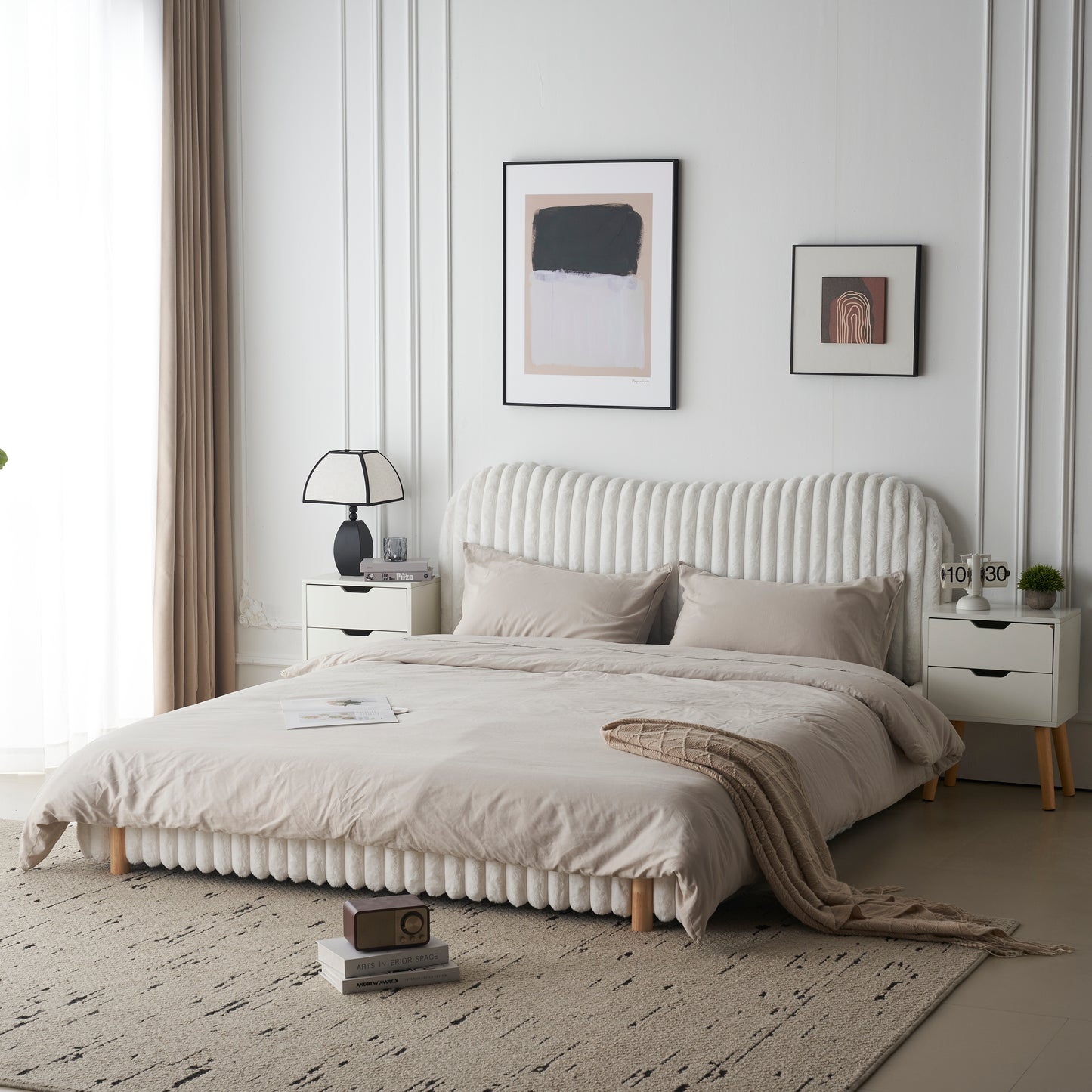 Sleek White Boucle Upholstered Bed with Wavy Headboard & Vertical Stitching, Queen