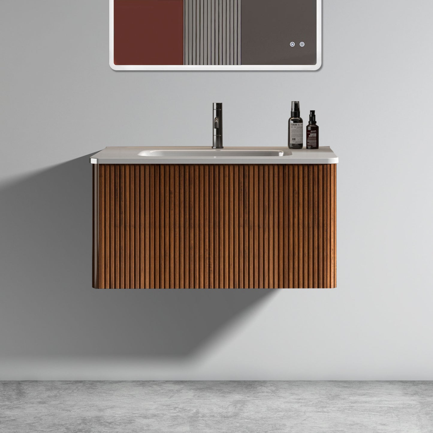 U047-Etna30W-305 Etna 30' Striped Walnut Bathroom Vanity with White Ceramic Sink, Wall Mounted Floating Bathroom Vanity for Modern Bathroom, Pre-assembled