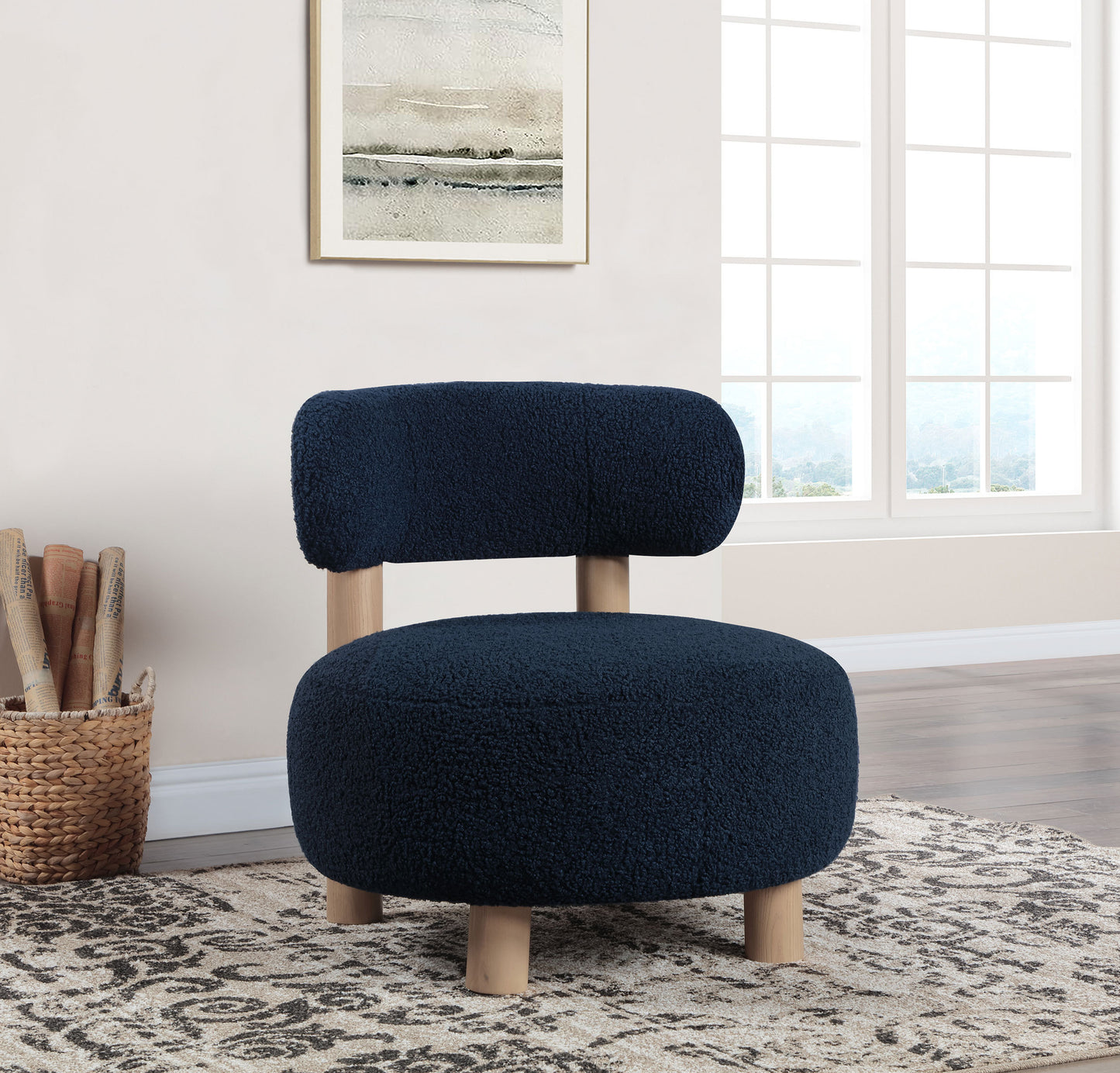 Modern 1pc Boucle Blue Fabric Upholstered Barrel Back Accent Chair Armchair Round Seat Slim Barrel Backrest