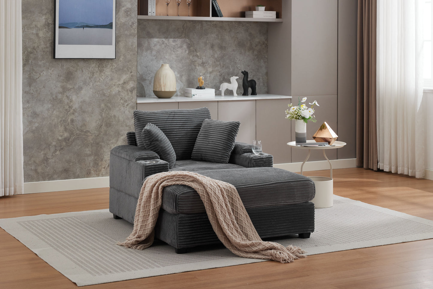 [VIDEO/New]Corduroy Upholstered Chaise Lounge Sofa with Handrail storage ,Movable ottoman,Cupholders,Detachable Cushions Deep Seat for Living Room Office,3 colour