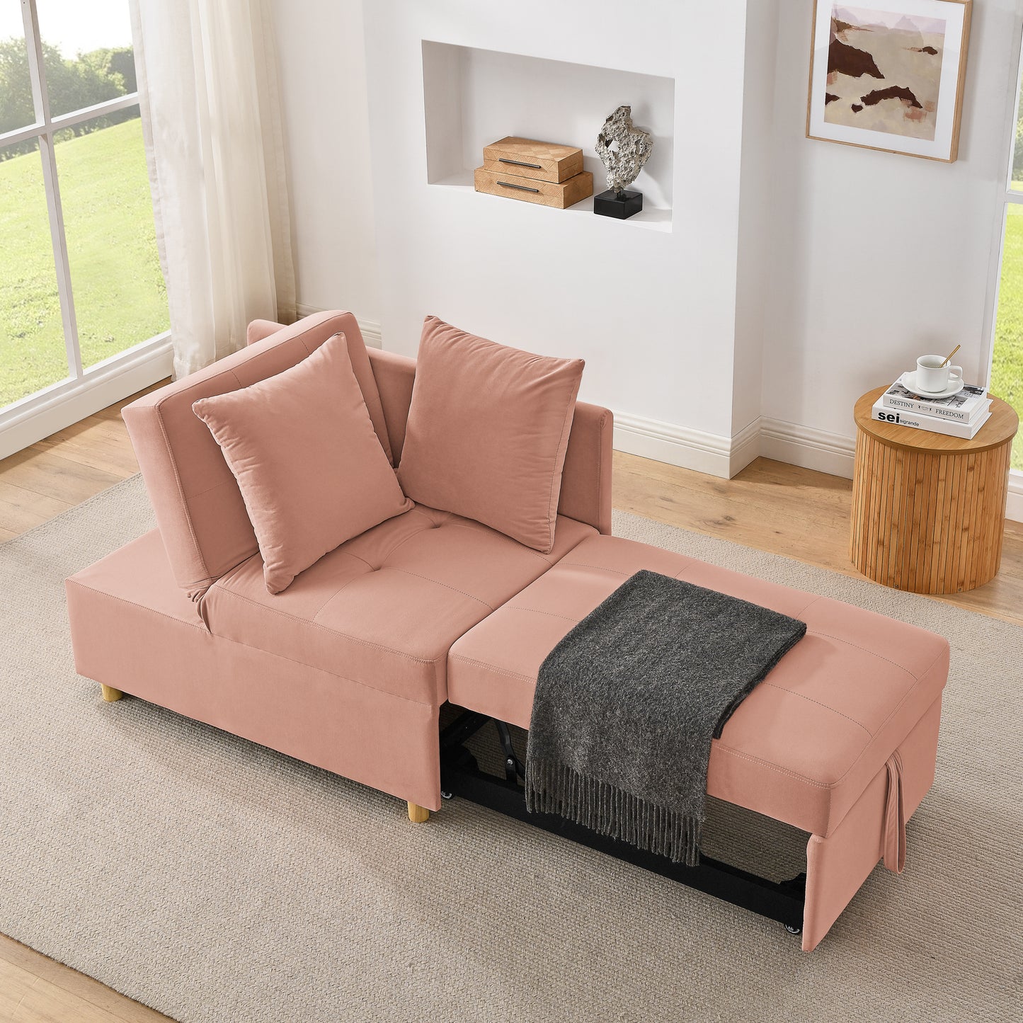 Convertible Sleeper Sofa Chair Adjustable Backrest Recliner with Pullout Sofa Bed with Wheels, Modern Linen Fabric for Living Room for Tight Spaces, Pink
