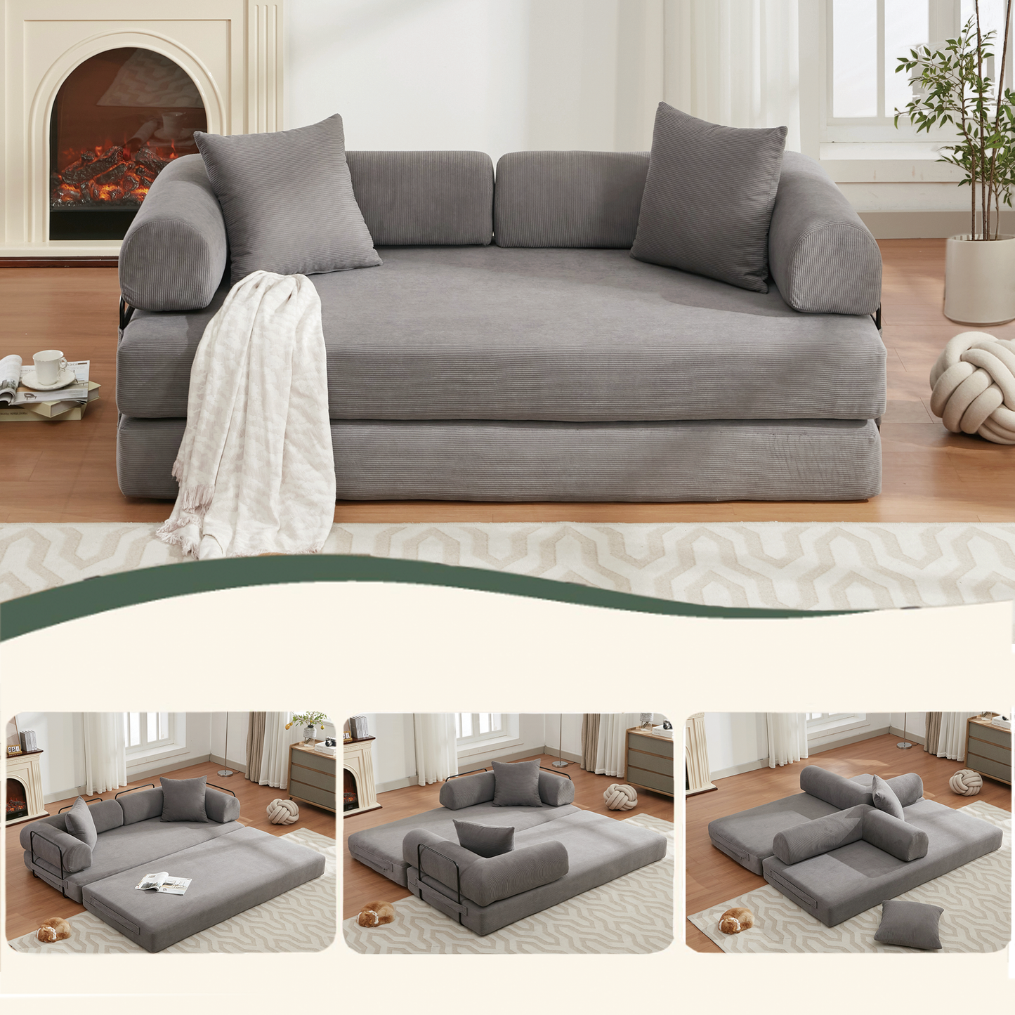 [NEW ARRIVED] [VIDEO PROVIDED] 78.5' Folding Convertible Out Sleeper Sofa Bed,4-in-1 DIY Combination Convertible Sofa,3 seat, Folding  Sofa, King Size , Bedroom,Apartment,Corduroy,Green,Gray