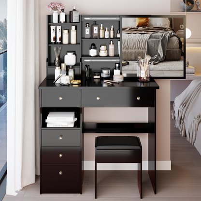 37' Middle Size Left Drawer Desktop Vanity Table + Cushioned Stool, Extra Large Right sliding mirror, Multi Layer High Capacity Storage, Practical Fashionable Dresser, Suitable For Large Space