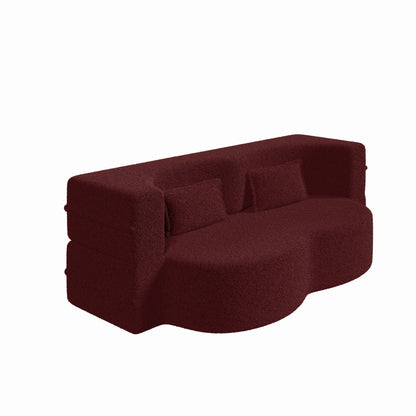 Modern Floor Sofa with 2 Pillows,Convertible Teddy Fabric Foam Filled Sleeper Sofa Bed,15 ' Full Size Folding Mattress for Living Room,Guest Bed,Playroom,No Assembly Required,Burgundy