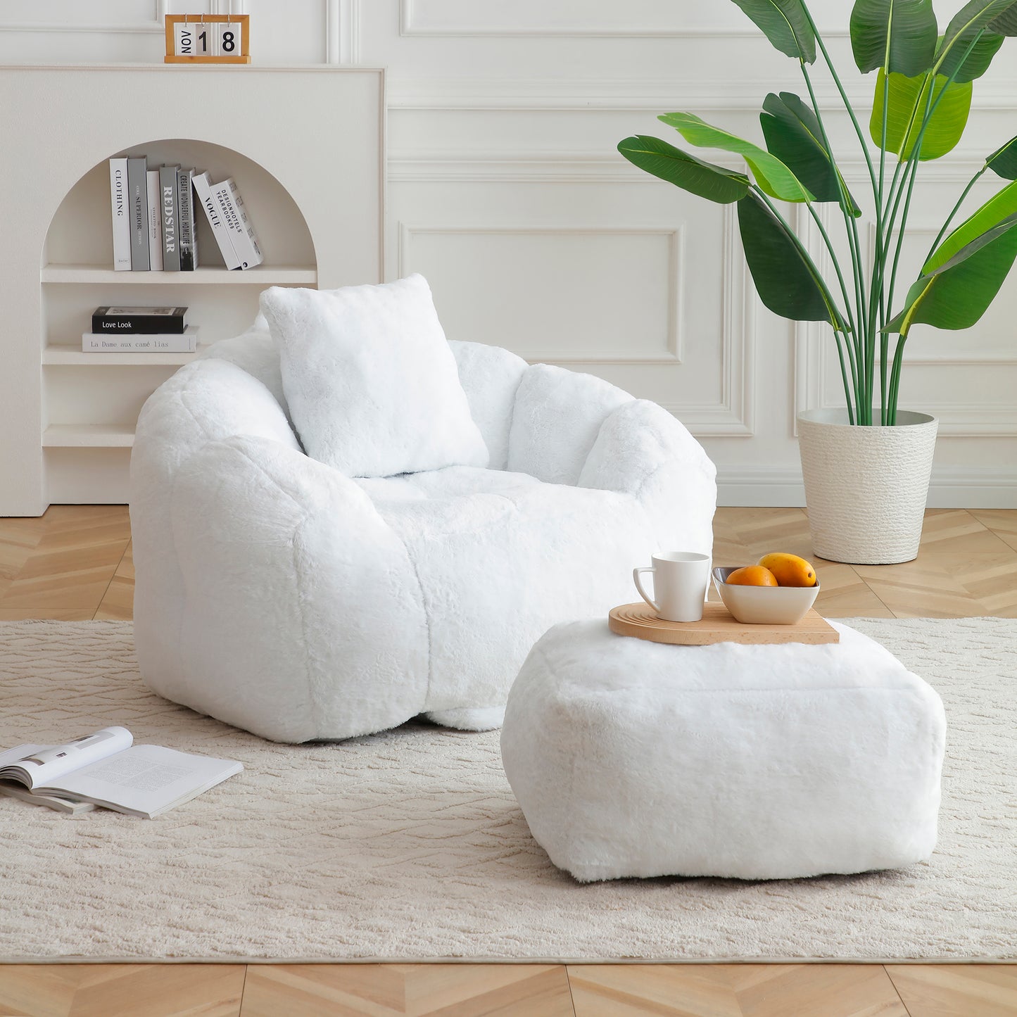 Giant Bean Bag Chair withFootstool, Oversized Bean Bag  for Adults and Kids, Faux Fur Shell-Shaped Large Chair with Filler, Stuffed Big Accent Sofa,  Floor Sofa for Gaming,Reading Living Room Bedroom