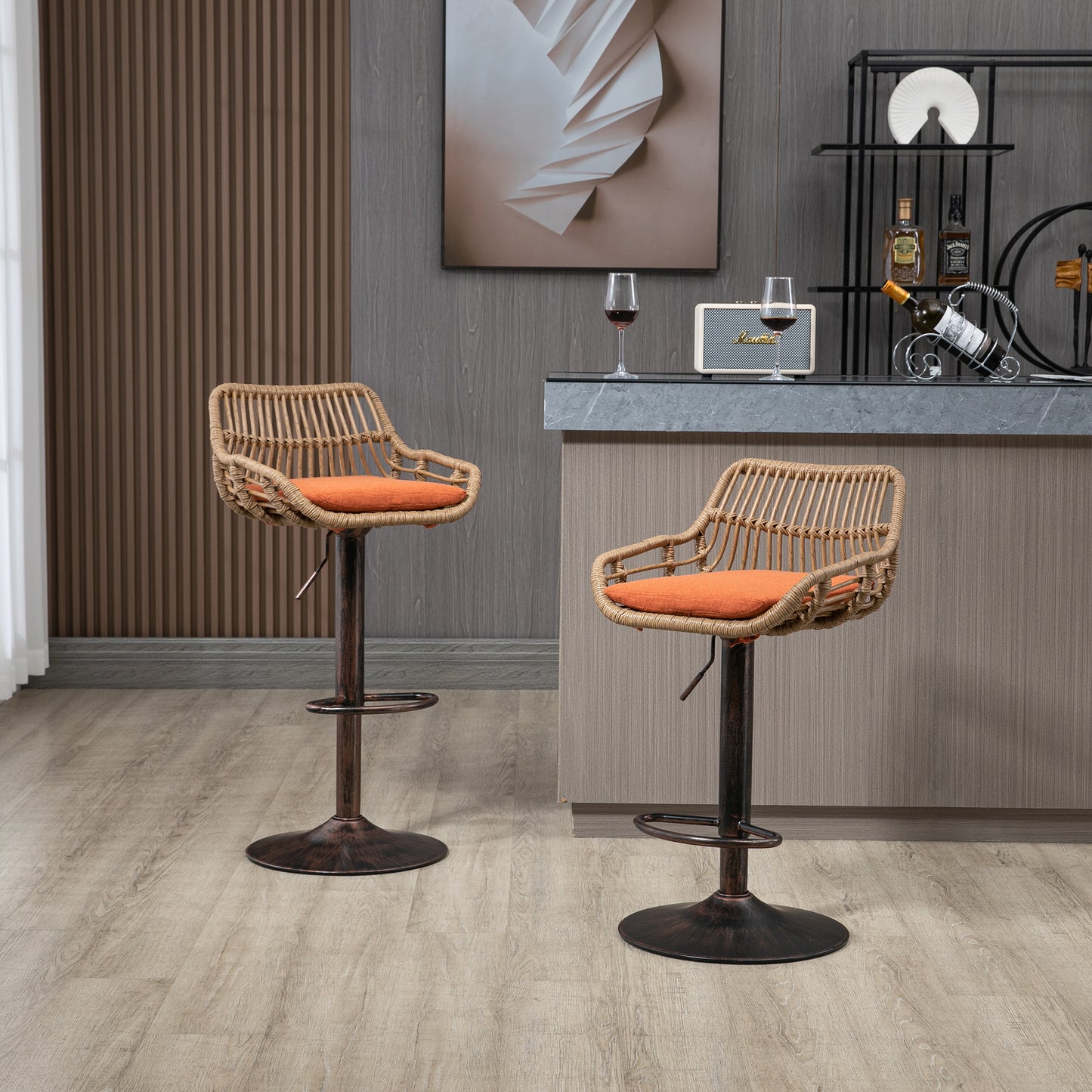 COOLMORE Modern Swivel Bar Stools Set of 2 Adjustable Counter Height Chairs with Footrest for Kitchen, Dining Room (Orange)