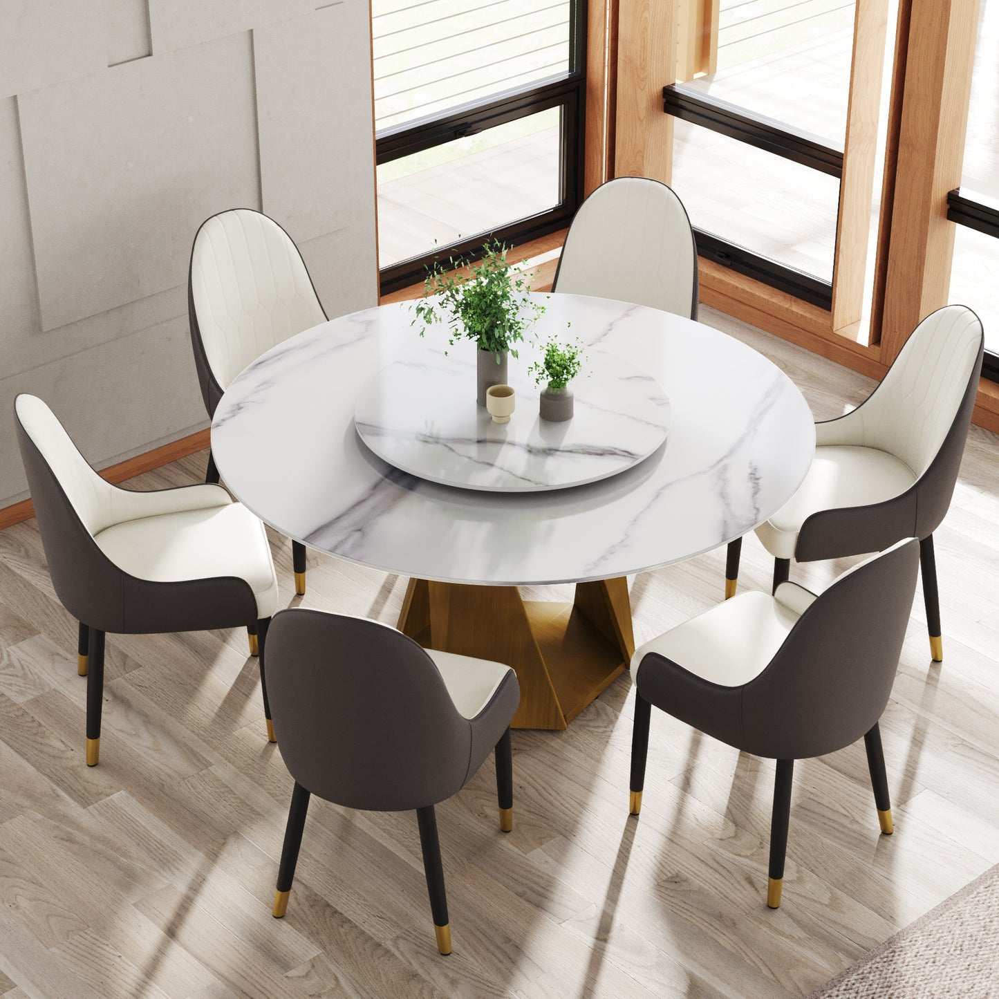 59.05' Round Marble Dining Table with Bronze Iron Metal Base with 6 Dinning Chairs, 31.5'White Artificial Stone Turntable,White
