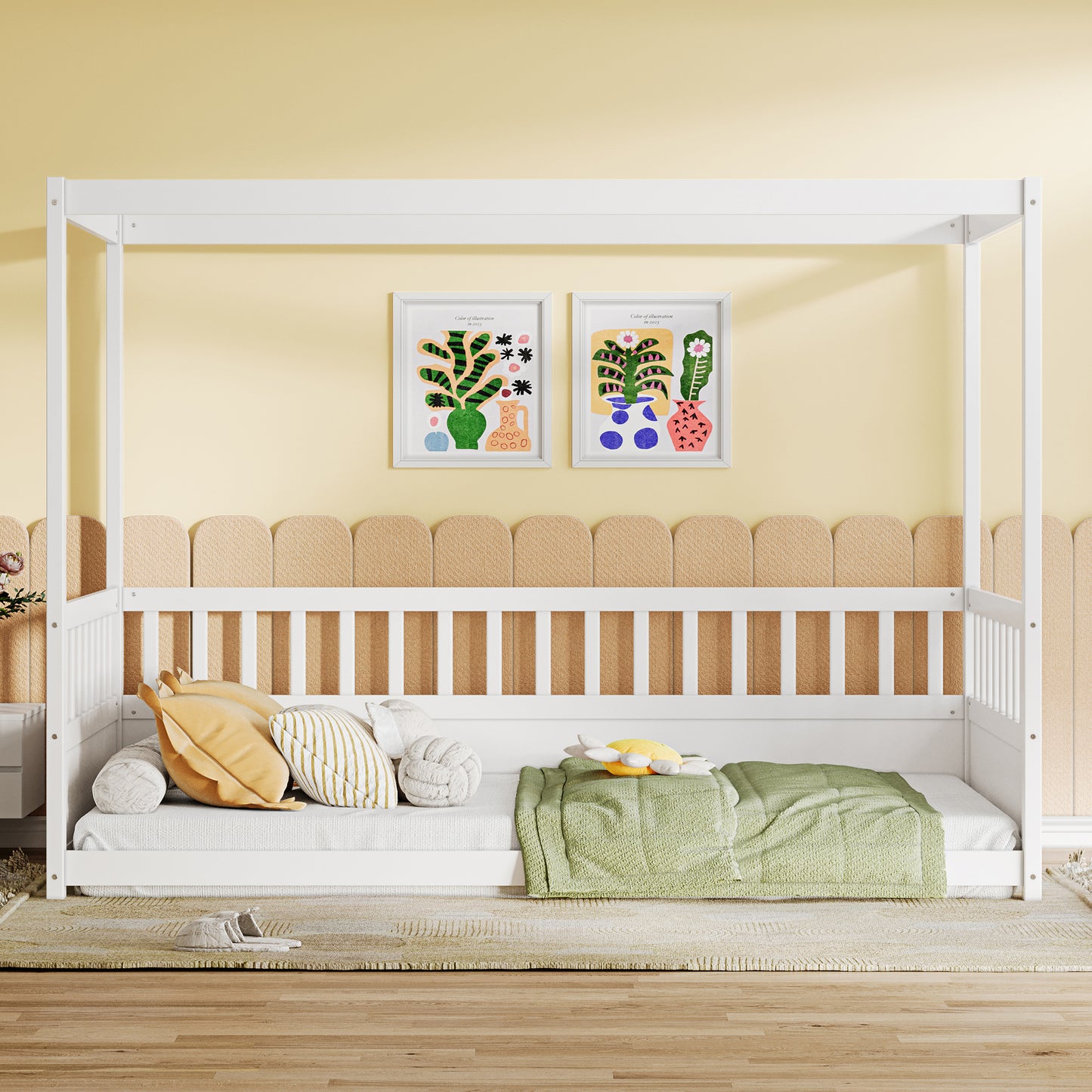 Twin Size Canopy Bed Frame with Guardrails for Kids,Floor Bed Twin with Four Poster Design,Kids Montessori Floor Bed,Wood Canopy Bed Frame for Girls,Boys(Twin,White)