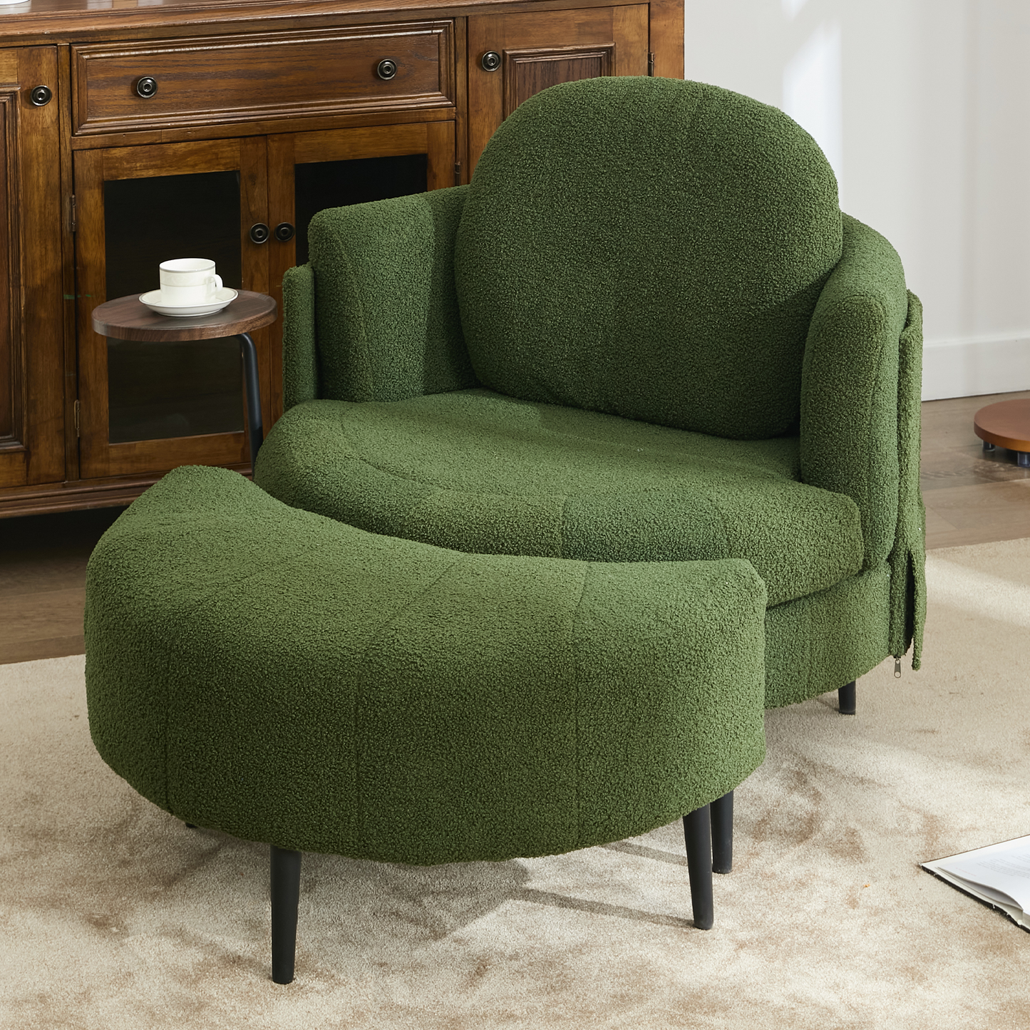 [NEW ARRIVED]  42.5' Single sofa chair,One-piece side table,With Cresent-Shaped footstool,Movable footstool,Small living room, Study,Removable Headrest,Wraparound armrests ,Lamb velvet fabric,Green