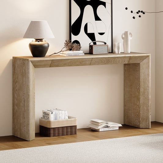TREXM 60' Modern Farmhouse Console Table with 2 Concealed Drawers, Waterfall Design Entryway Table with Thickened Legs & Rustic Wood Grain for Living Room, Entryway & Hallway (Natural)