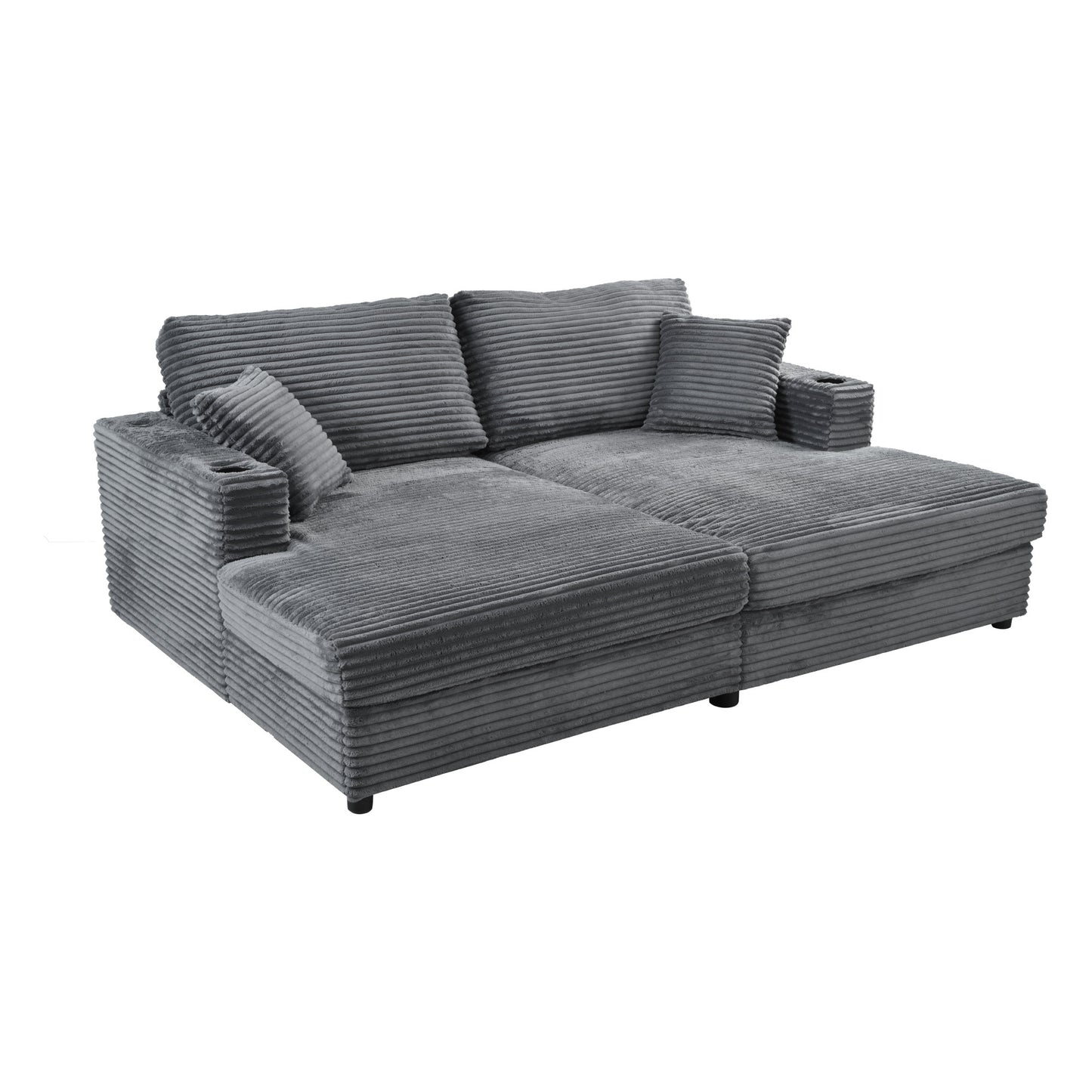 Oversized Loveseat Chaise Lounge Sectional Sofa Bed with USB Ports, Cup Holders, Throw Pillows, Dark Gray Corduroy, 86.5'