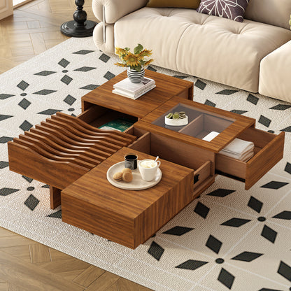 U-Can 33''Mid Century Modern Coffee Table,Unique Square Wooden Coffee Table with 3 Drawers, Tempered glass and Solid Wood Legs for Living Room