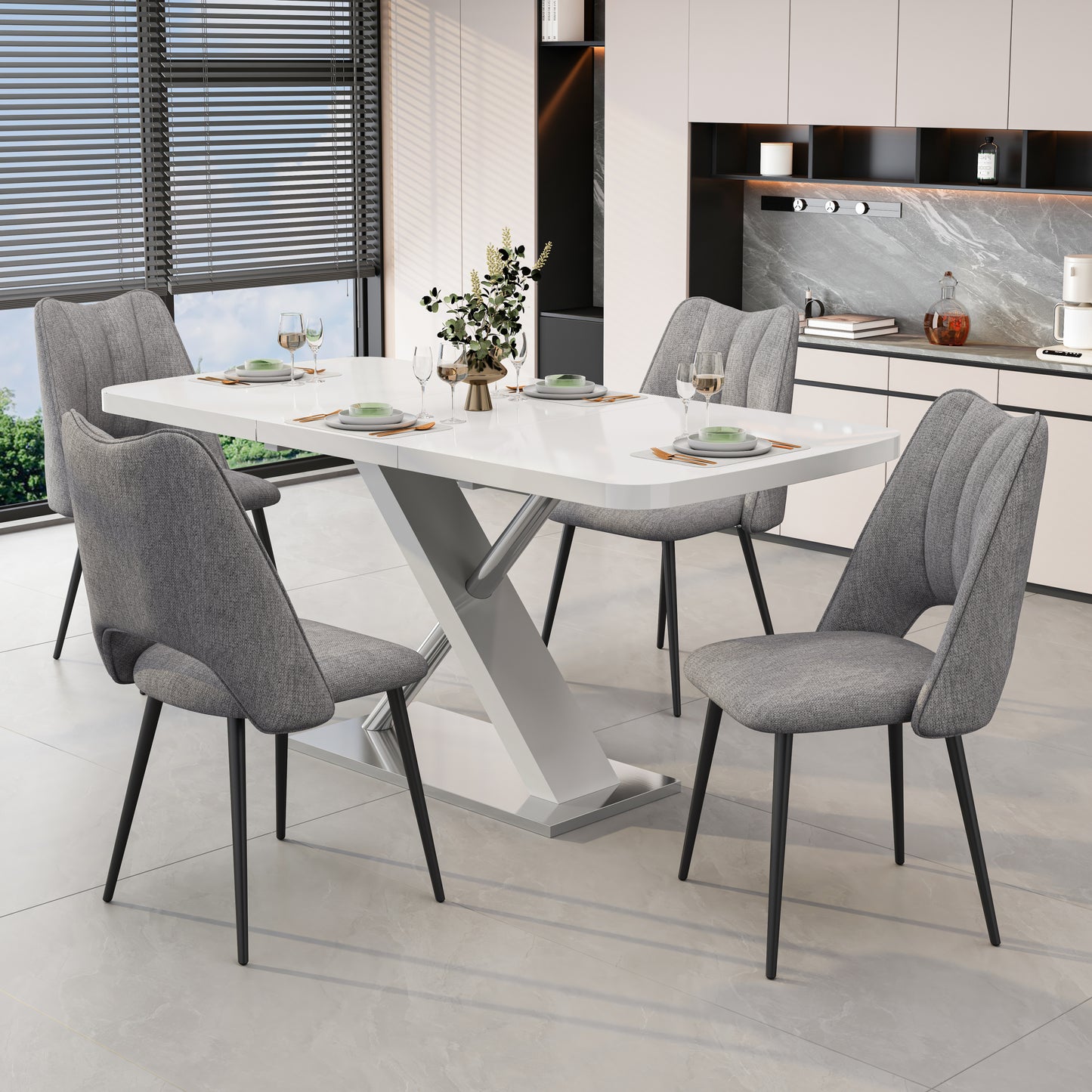 5-Piece Dining Table and Chair Set, Including 4 Grey Chairs and a Retractable Dining Table in White, Suitable For 4 to 6 People's Dining Tables, Suitable for Kitchens and Living Rooms