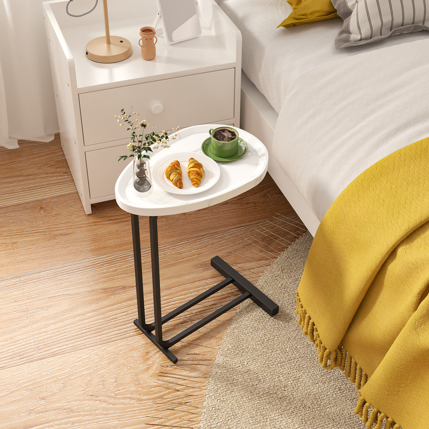 C-Shaped Side Table, C Table End Table for Sofa and Bedside, Couch Side Tables, Wood C-Shaped End Table with Metal Frame Slide for Bedroom Living Room (White)