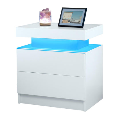 Modern LED Bedside Table Cabinet with Adjustable Lights and 2 Drawers, White, Engineered Wood, 19.30 x 13.70 x 20.50 inches