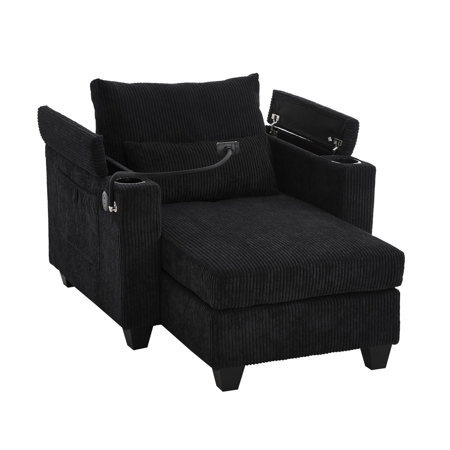 Convertible Chaise Lounge Sofa Chair Bed with USB Ports, Cup Holders & Storage, Black Corduroy, 37.4'