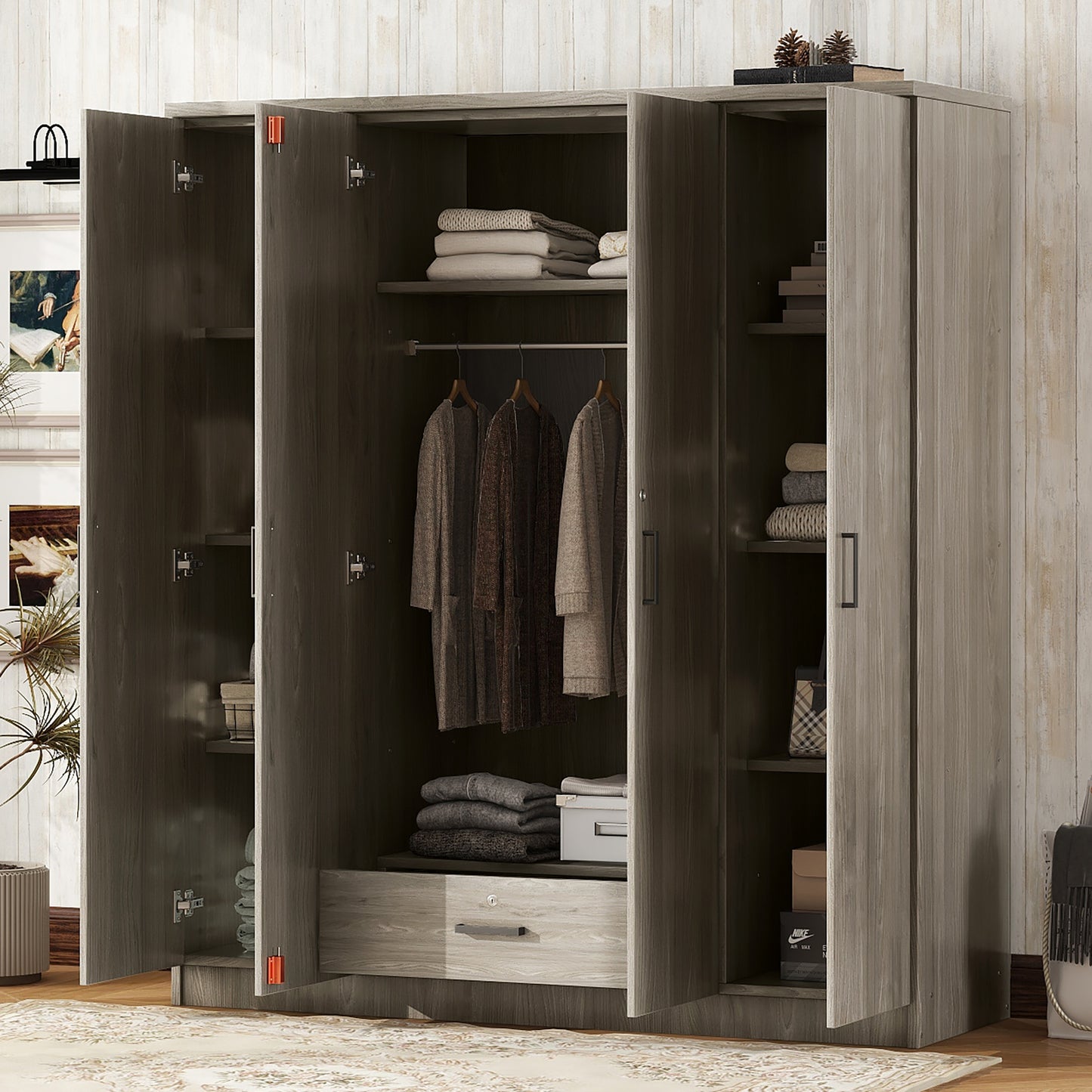 4-Door Wardrobe with 1 Drawer, Gray