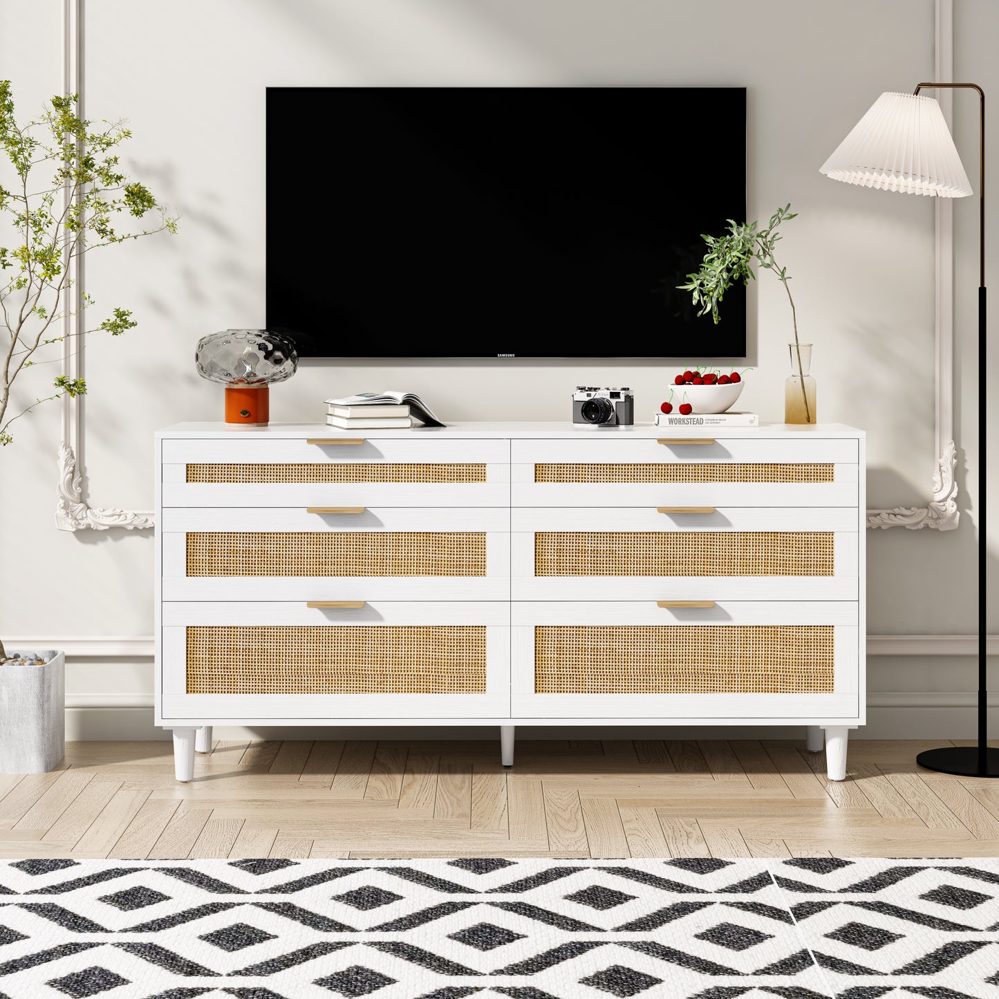 59' Rattan Dresser with Drawers, 6 Drawer Dresser for Bedroom, Clothes Storage Cabinet for Bedroom, Metal Handle&Wood Legs for Hallway, Living Room, Bedroom,White