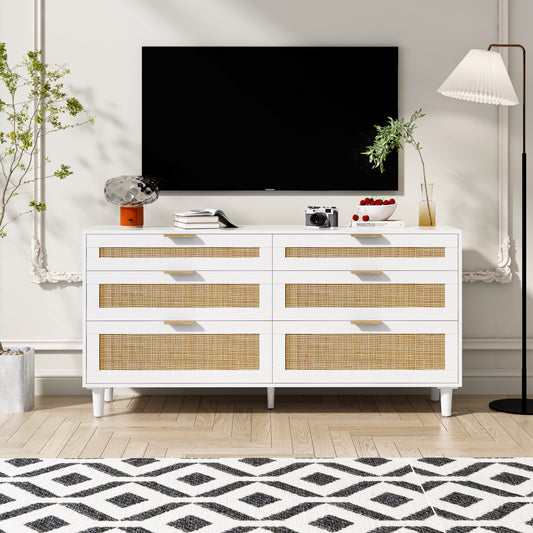 59' Rattan Dresser with Drawers, 6 Drawer Dresser for Bedroom, Clothes Storage Cabinet for Bedroom, Metal Handle&Wood Legs for Hallway, Living Room, Bedroom,White