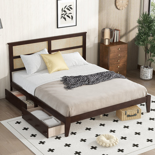 King Size Bed with Rattan Headboard, Two Storage Drawers, Rubber Wood Bed with Enhanced  Support Salts and Feet,Espresso