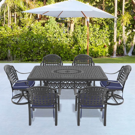 7-Piece All-Weather Cast Aluminum Dining Set, Include 2 Swivel Chairs,4 Dining Chairs and Rectangular Table With Black Frame