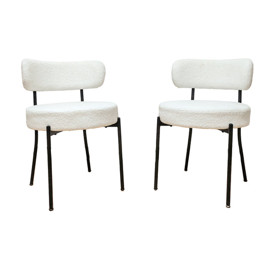 Mid-Century Modern White Dining Chair Set of 2 with Curved Backrest and Black Metal Legs