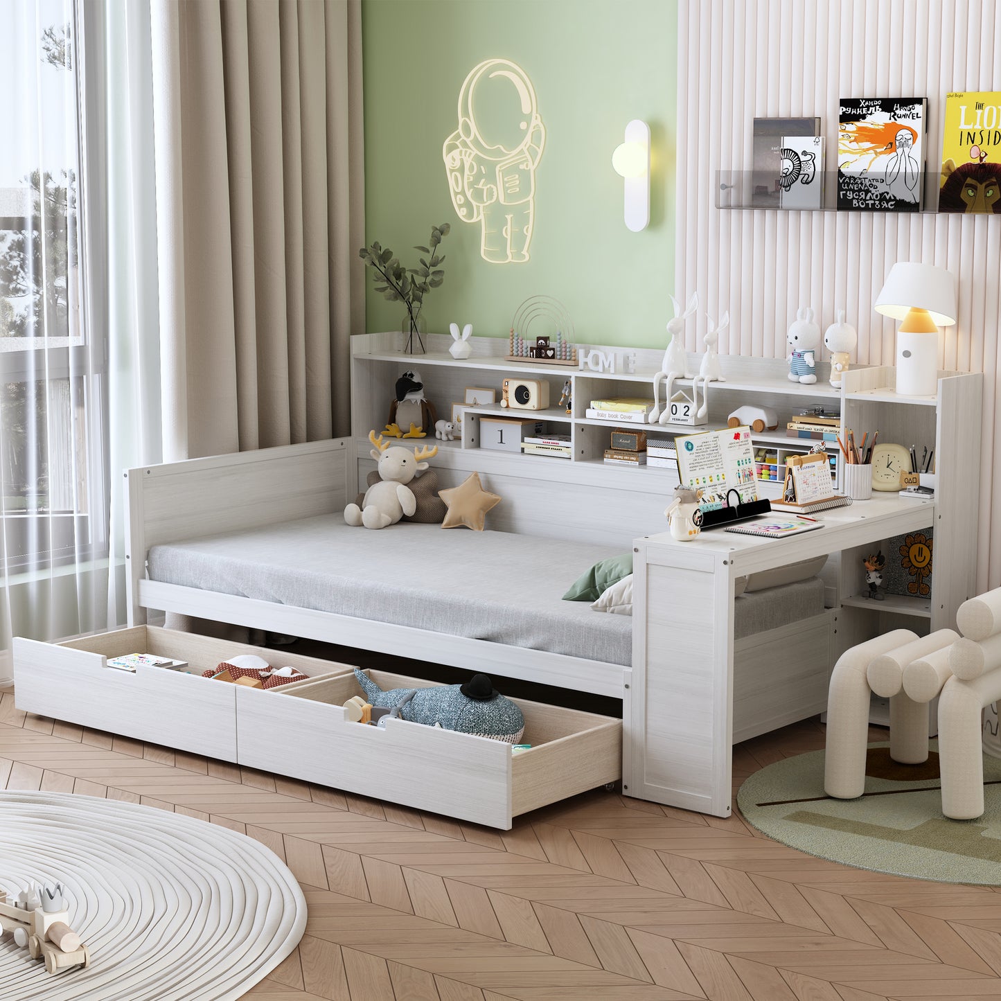 Wooden Twin Size Daybed with Storage Shelves, Multi-functional Bed with Two Storage Drawers and  Study Desk, Antique White (Old SKU: HL000189AAK)