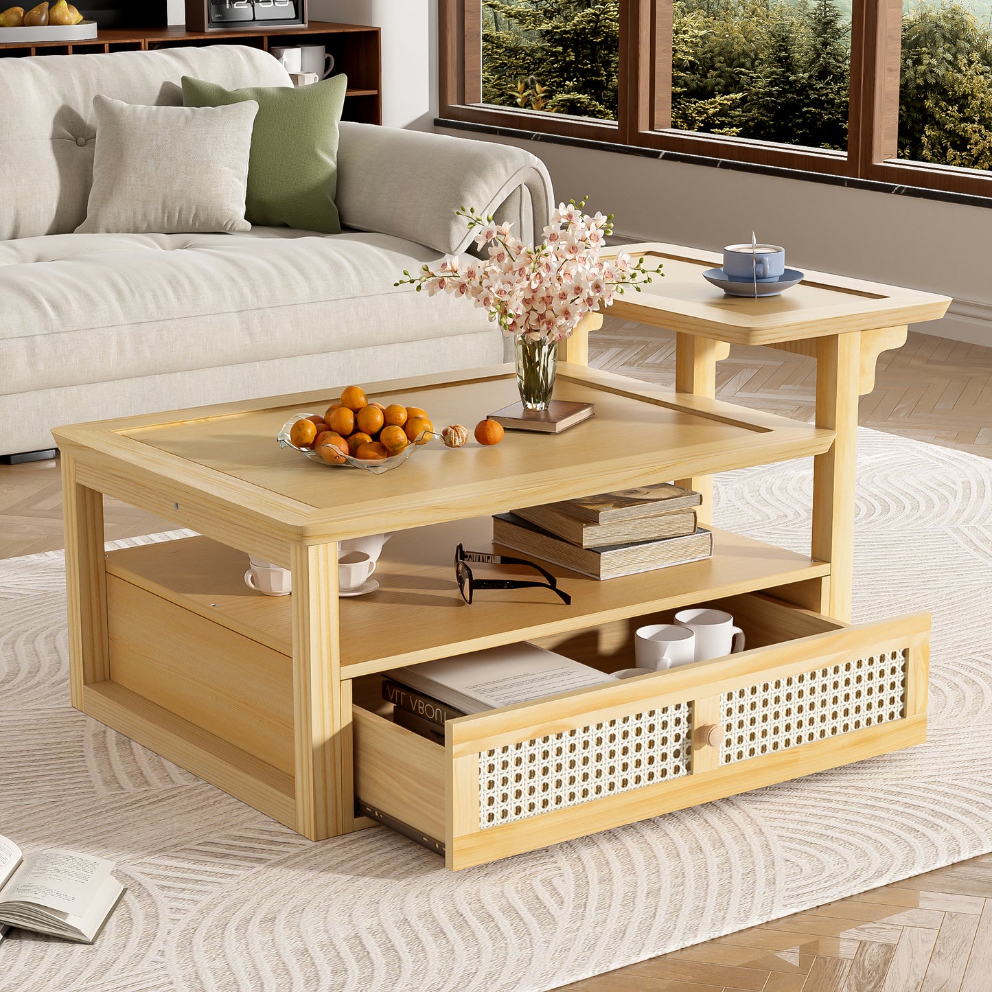 U-Can Modern Coffee Table, Coffee Table with 1 Storage Shelf, 2 Tabletops and 1 Rattan Drawer For Living Room