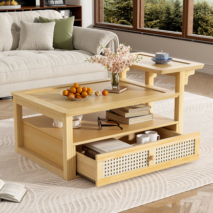 U-Can Modern Coffee Table, Coffee Table with 1 Storage Shelf, 2 Tabletops and 1 Rattan Drawer For Living Room