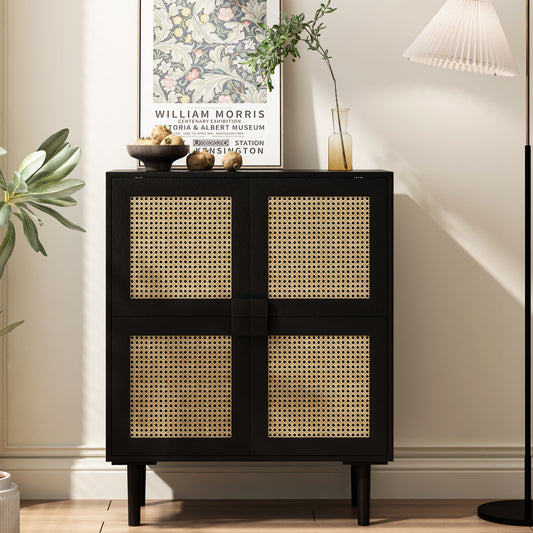 4-Doors Rattan Mesh Storage Cabinet, Sideboard with Eight Storage Spaces, for Entryway, Living Room, Hallway (Black)