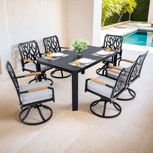 7-PC Outdoor Patio Aluminum Furniture Set, Modern Dining Set with 6 Swivel Rockers Sunbrella Fabric Cushioned, Nature-Inspired Branch-Like Backrest, Rectangular Table with Umbrella Hole,Bourbon Brown