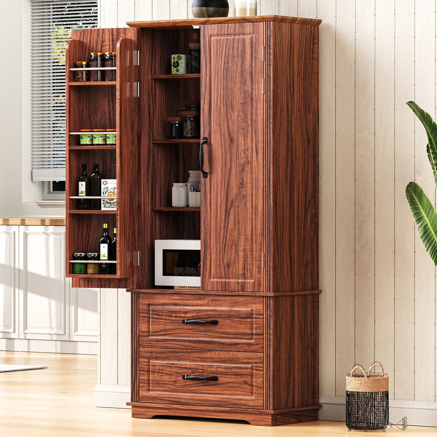 K&K 71' Farmhouse Kitchen Pantry Cabinet with 2 Large Drawers,Embossed Texture Freestanding Cupboard Cabinet with 8 Door Shelves and 3 Cabinet Shelves for Kitchen,Dining Room,Living Room,Laundry,Brown