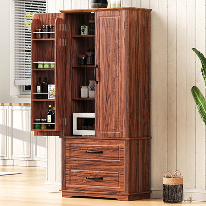 K&K 71' Farmhouse Kitchen Pantry Cabinet with 2 Large Drawers,Embossed Texture Freestanding Cupboard Cabinet with 8 Door Shelves and 3 Cabinet Shelves for Kitchen,Dining Room,Living Room,Laundry,Brown