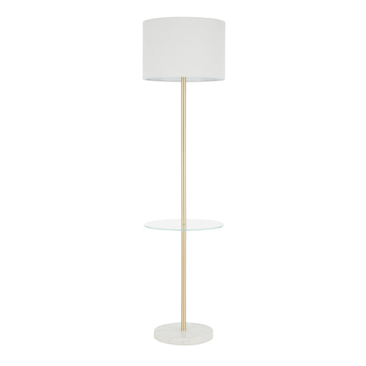 Chloe Contemporary Shelf Floor Lamp in White Marble Base, Clear Glass Shelf and White Linen Shade by LumiSource