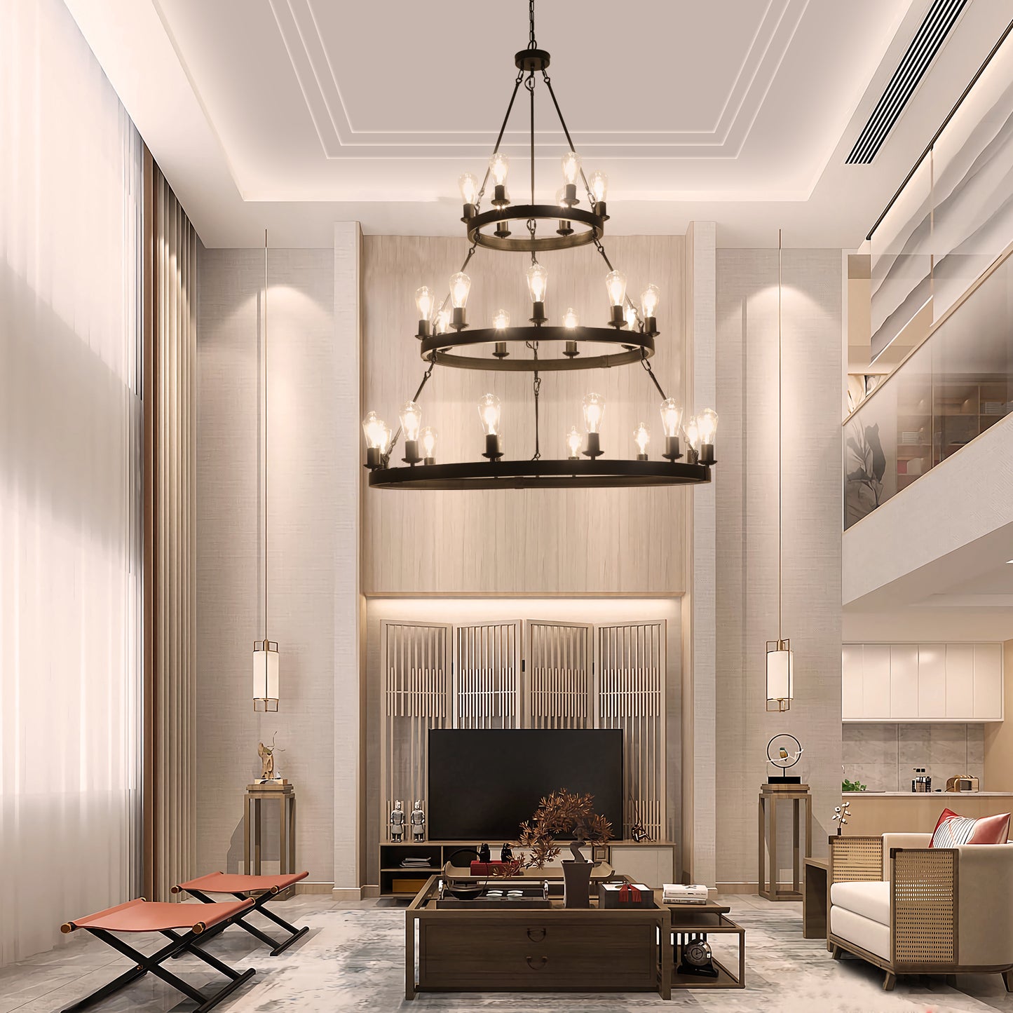 (Same as:W1340119961/W1340P24130245/L001005-D1140-P27B)45' Retro Industrial Style 3-Layer Pendant Light, 27-Lights Black Farmhouse Pendant, Suitable for Dining Rooms, Living Rooms (Bulb Not Included)