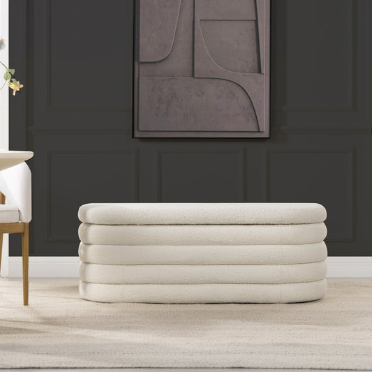 Fuji 49' Upholstered Oval Storage Bench, Ivory White Boucle