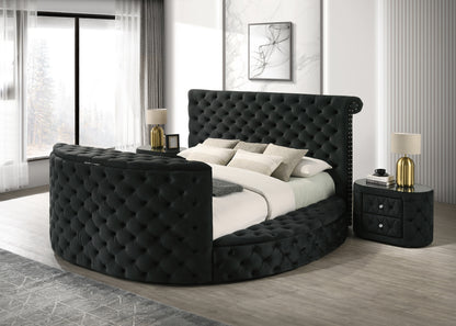 Luxurious King Size Bed Nightstand Deeply Tufted Headboard Nail Head Trim Upholstery Black Velvet Footboard Integrated Television Lift Mechanism Built-in Electric Fireplace Storage 3pc Set