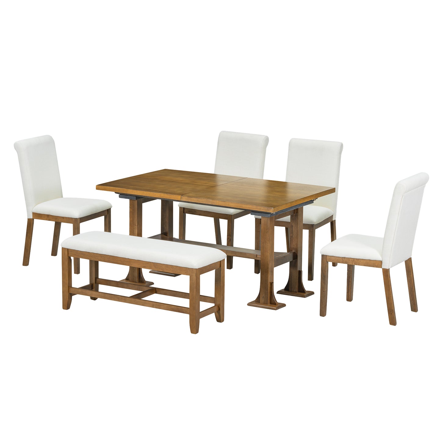 TOPMAX Farmhouse 6-Piece Extendable Dining Table Set with Removable Leaf, Upholstered Chairs, and Bench, Dark Brown